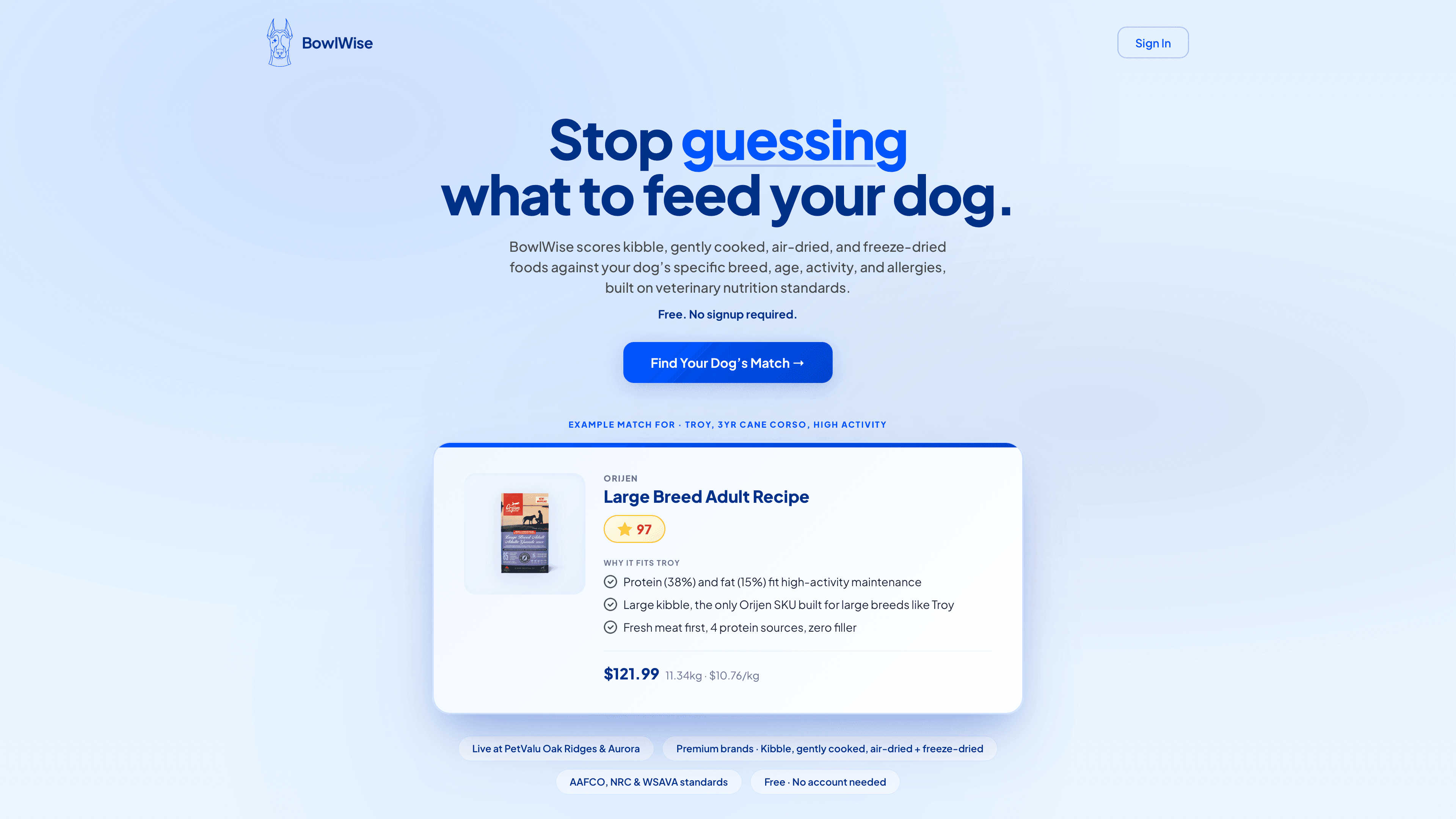 The BowlWise home page: "Stop guessing what to feed your dog", with an example match card