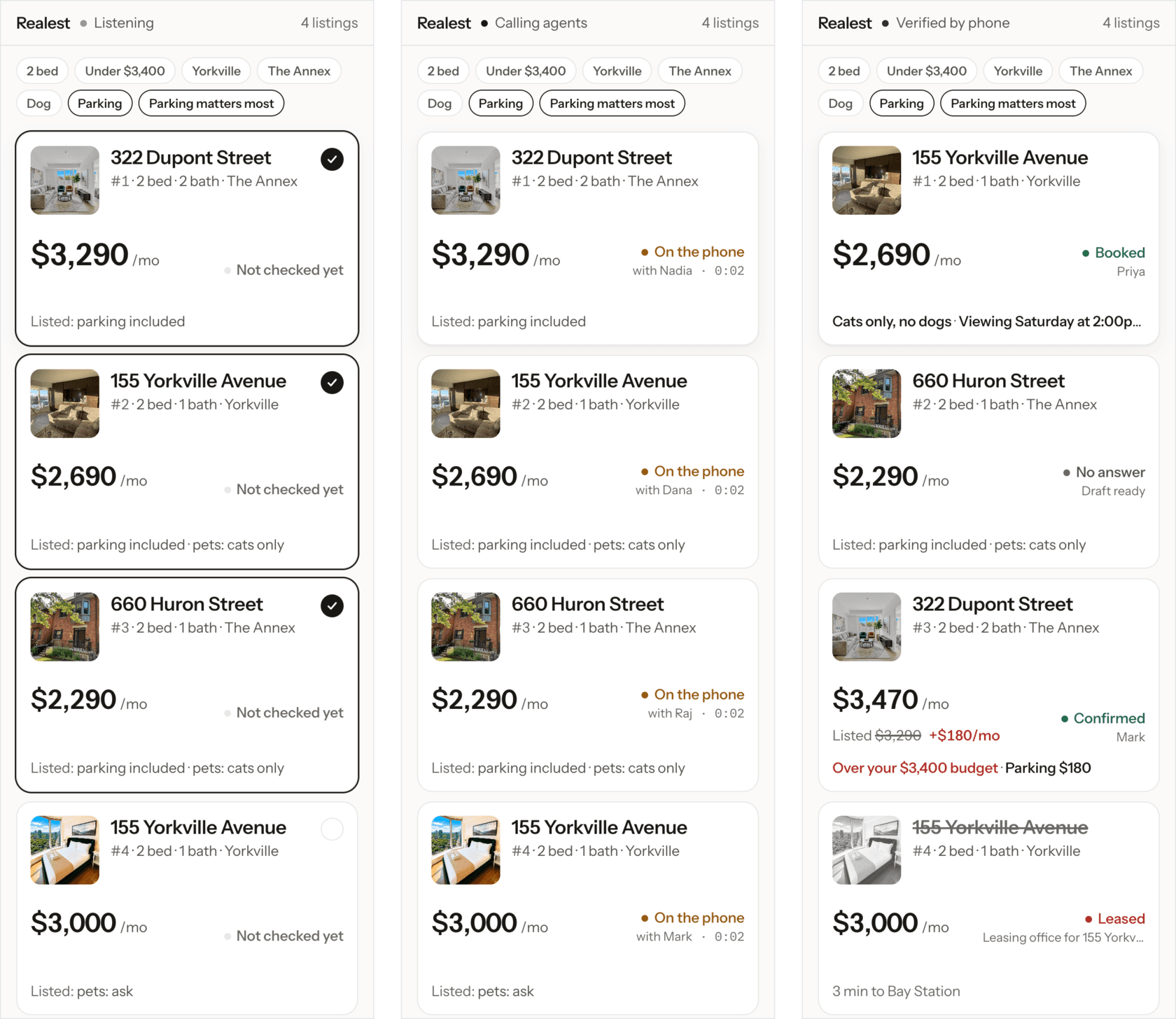 The shortlist in three states: four Toronto listings reordered after the renter says parking matters most, all four on the phone at once, then rewritten from the calls as booked, no answer, over budget and leased