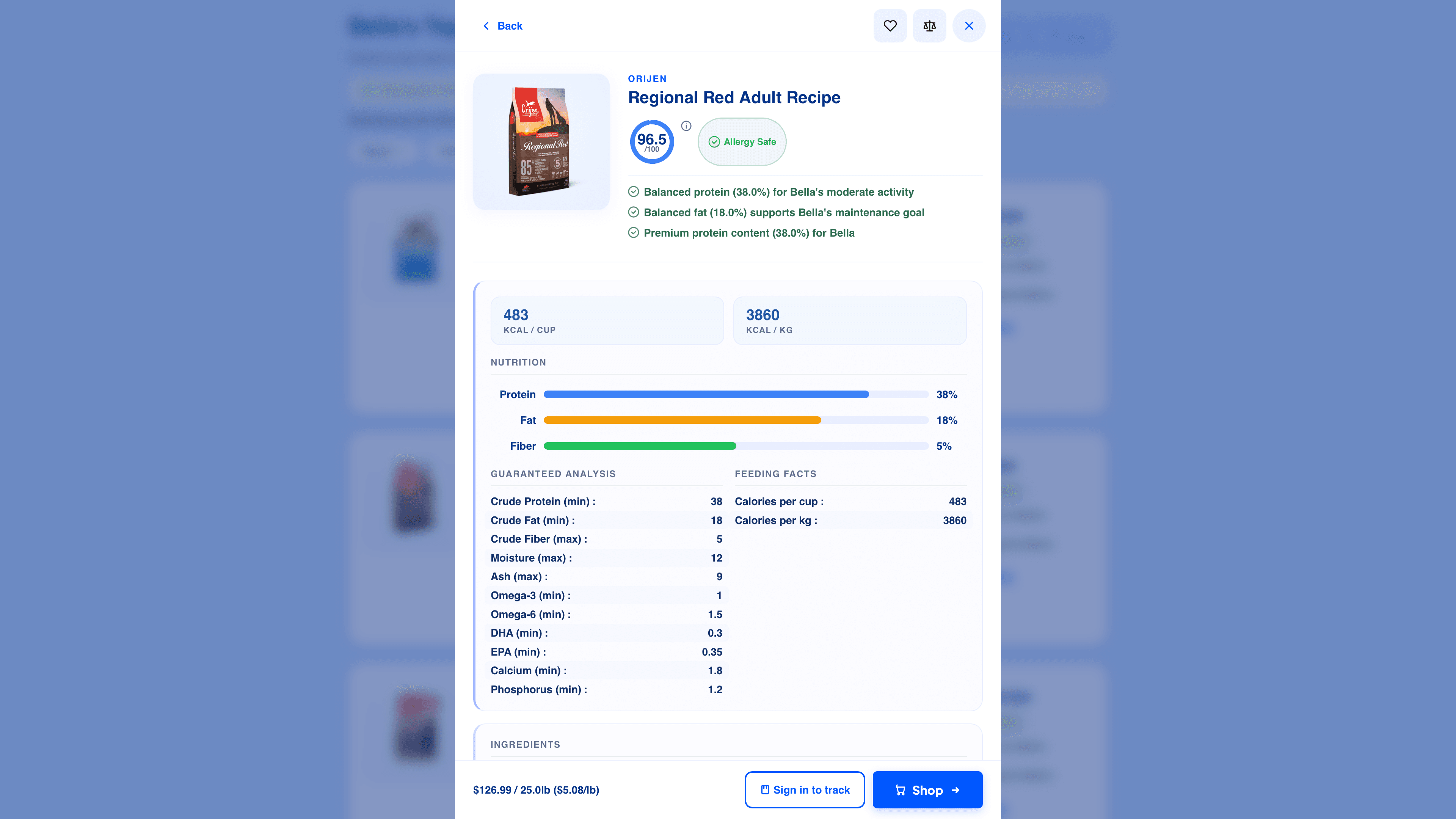 One food in detail: match score, match reasons, nutrition bars and guaranteed analysis