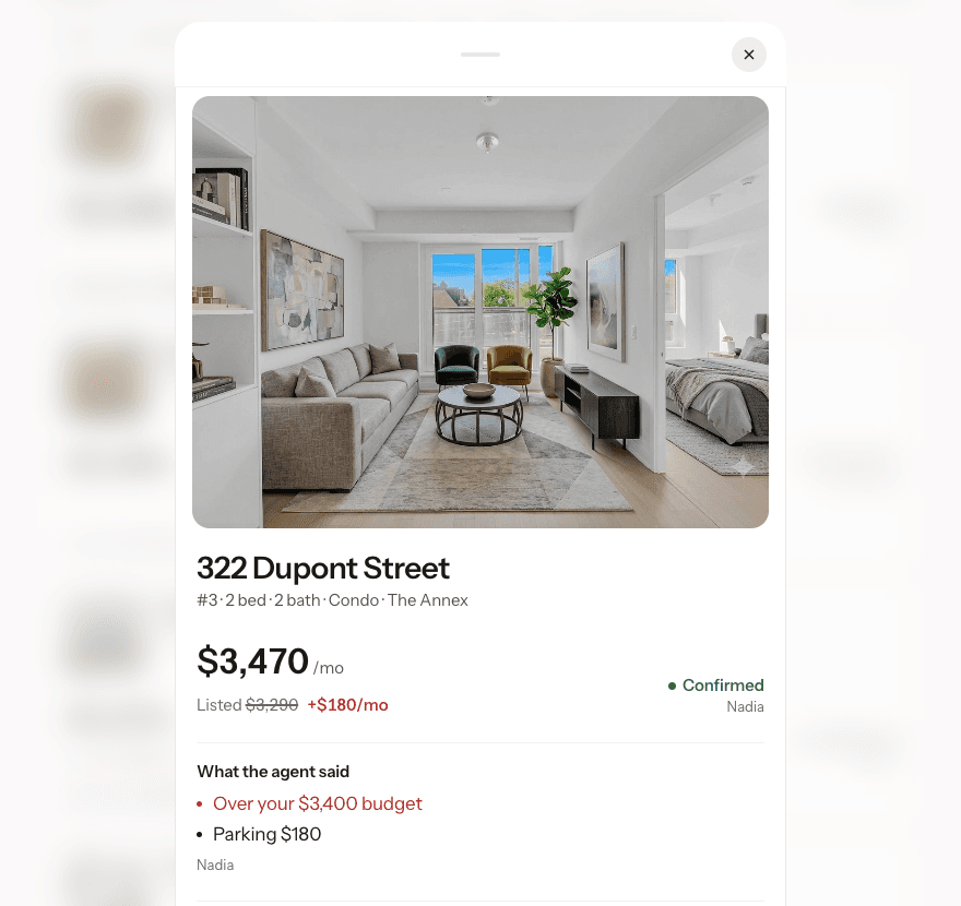 The detail sheet for 322 Dupont Street: $3,470 a month, the listed $3,290 struck through with +$180/mo, and what the agent said: over the $3,400 budget, parking $180